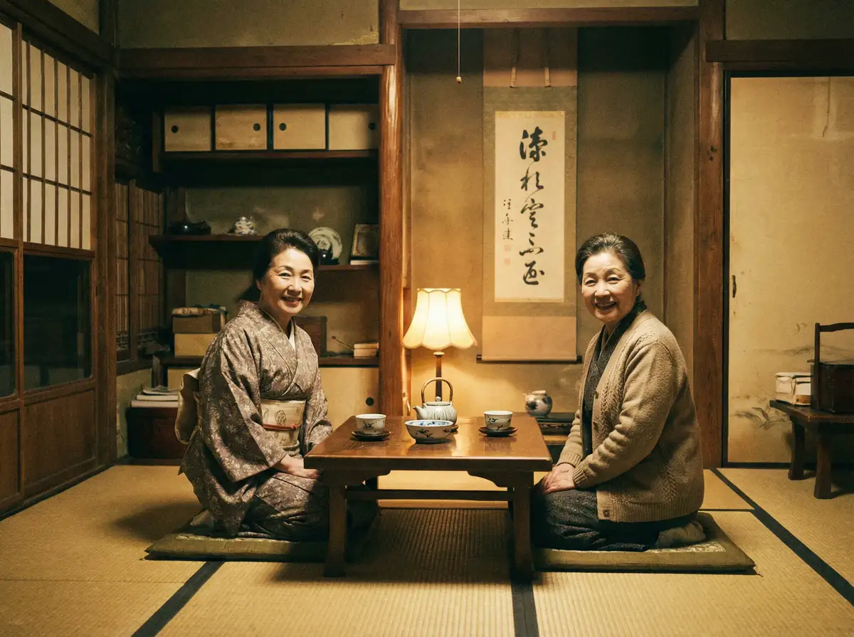 两位优雅的 sanjidianying 在日式茶室中品茶交谈